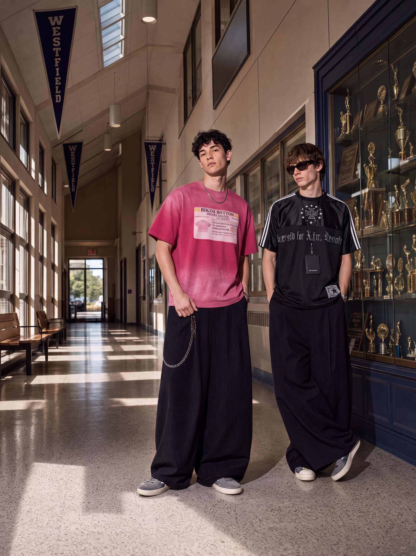 Two students in a school hallway in TALISHKO striped tees and wide-leg pants