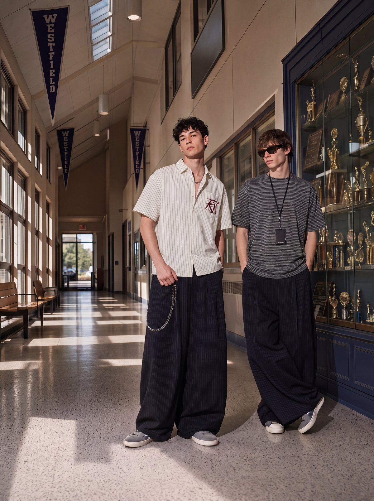 Two students in a school hallway in TALISHKO striped tops and pinstripe wide-leg pants