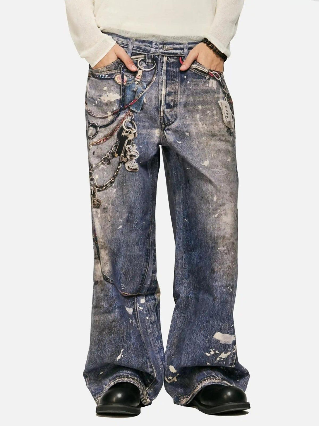 Model in TALISHKO's 3D printed chain jeans, showcasing unique textures with a casual flair.