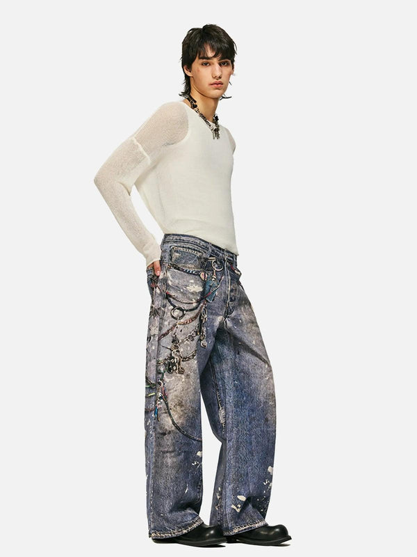 Model wearing TALISHKO's 3D digital printed chain straight jeans with a white sweater.