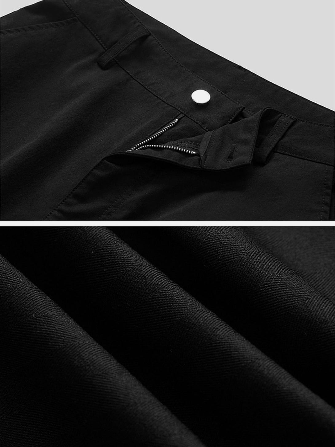 Intricate look at TALISHKO's black cargo pants, highlighting zipper detail and fabric texture.