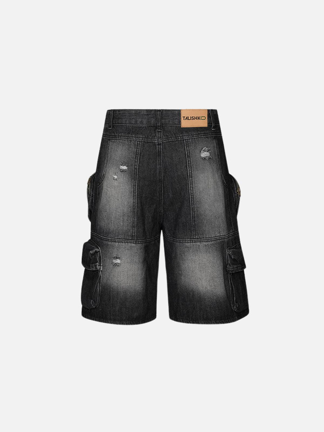 Back view of TALISHKO's 3D multi-pocket washed jorts, emphasizing their rugged, versatile design.