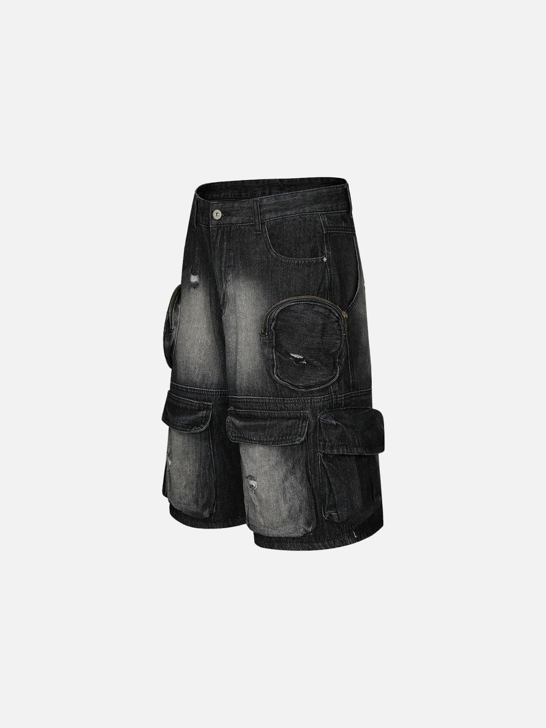 Side view of TALISHKO's 3D multi-pocket washed jorts, showcasing a relaxed, rugged style.