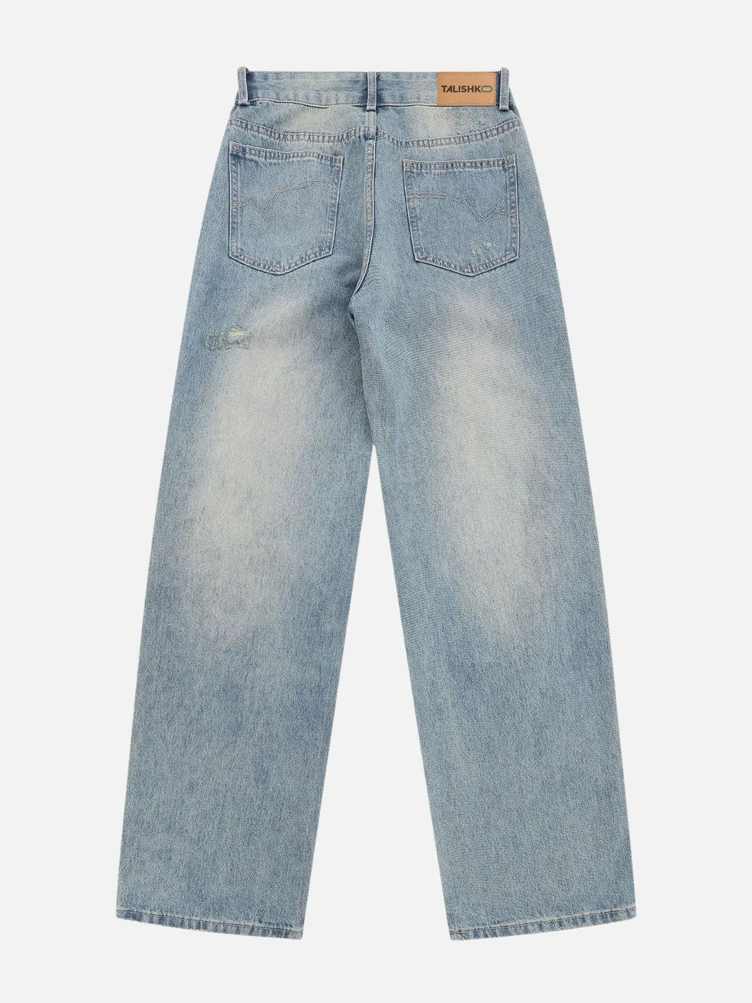 Back view of TALISHKO straight-leg jeans in blue, featuring a stylish distressed look.