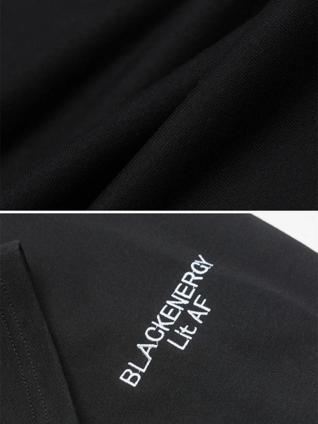 Intricate look at TALISHKO's black sweatshirt fabric, highlighting the "BLACKENERGY Lit AF" embroidery.