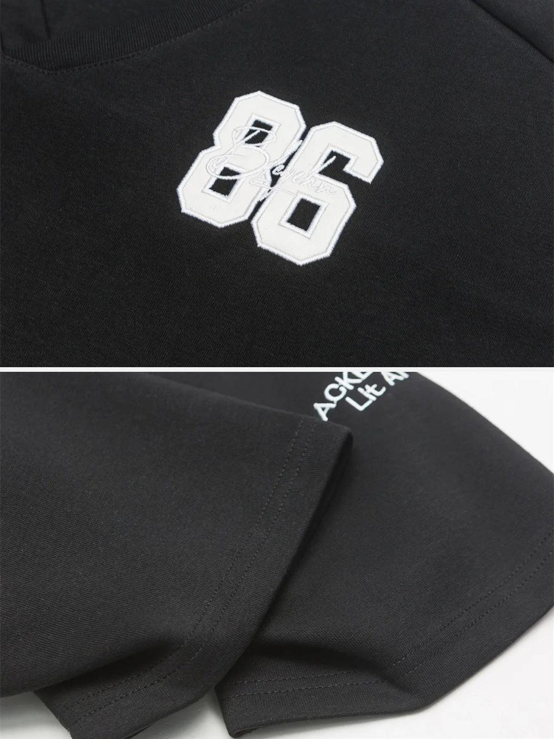 A tight crop highlighting TALISHKO's "86" embroidery on a black V-neck sweatshirt.