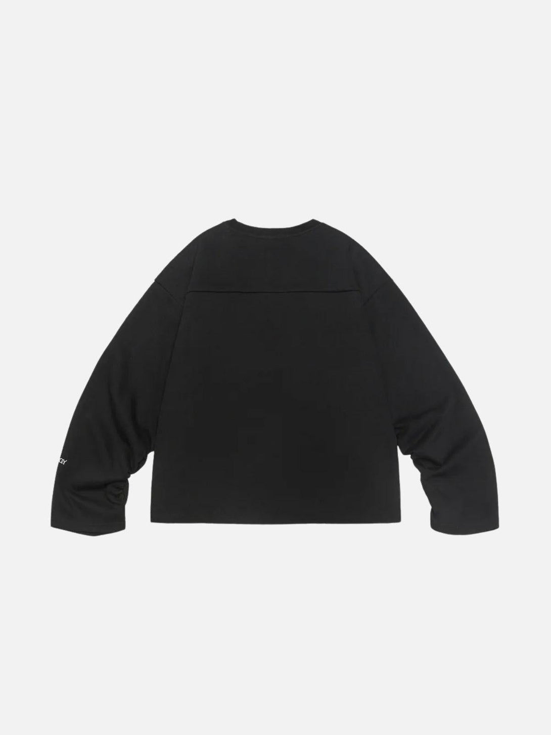 Back view of a black V-neck sweatshirt by TALISHKO, featuring relaxed long sleeves.