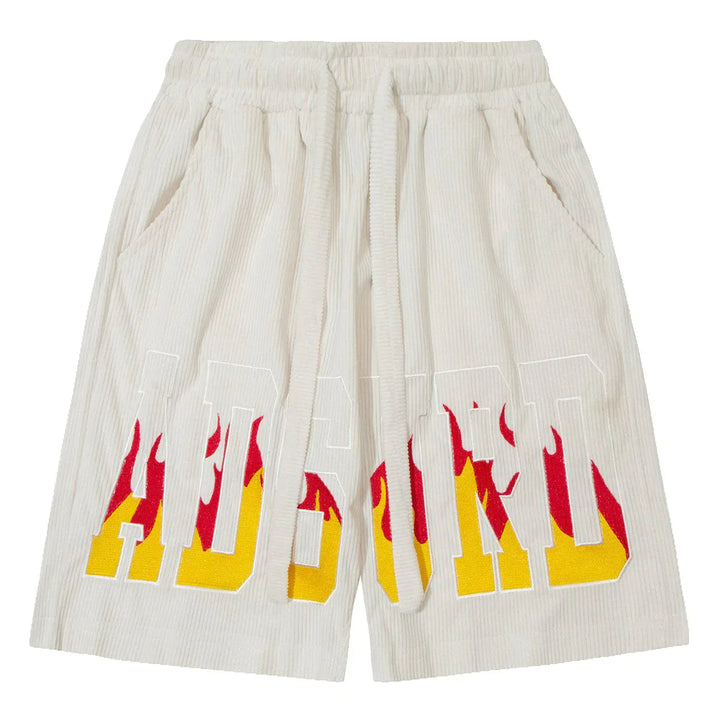 TALISHKO - Corduroy Flame Graphic Drawstring Shorts - streetwear fashion, outfit ideas - talishko.com