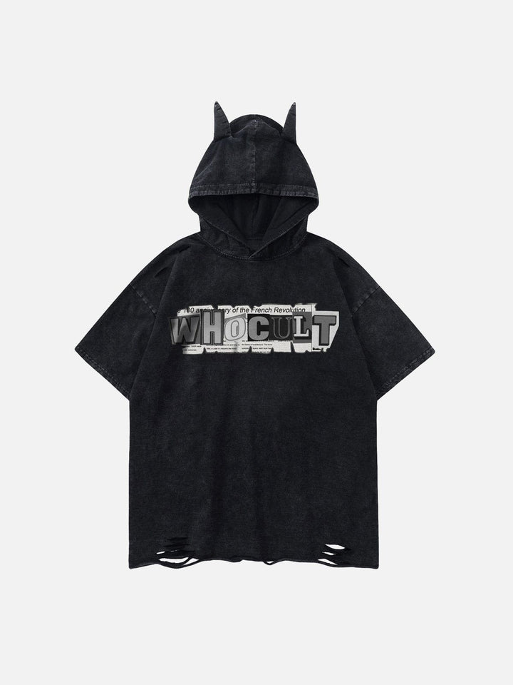 TALISHKO - Letter Print Ripped Hooded Tee - streetwear fashion, outfit ideas - talishko.com