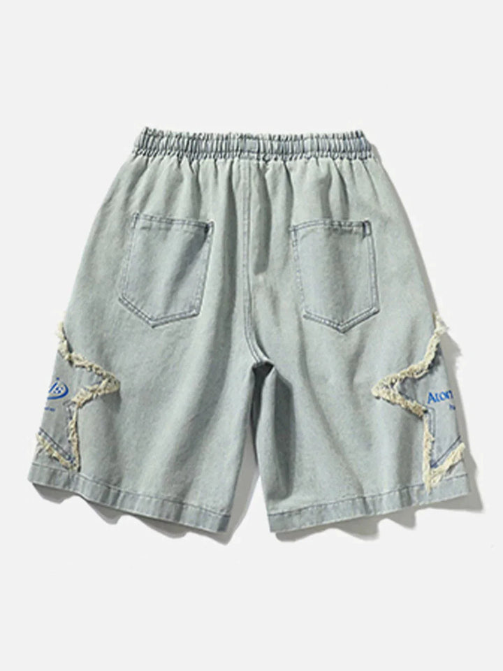 TALISHKO - Pentagram Alphabet Print Denim Shorts - streetwear fashion, outfit ideas - talishko.com