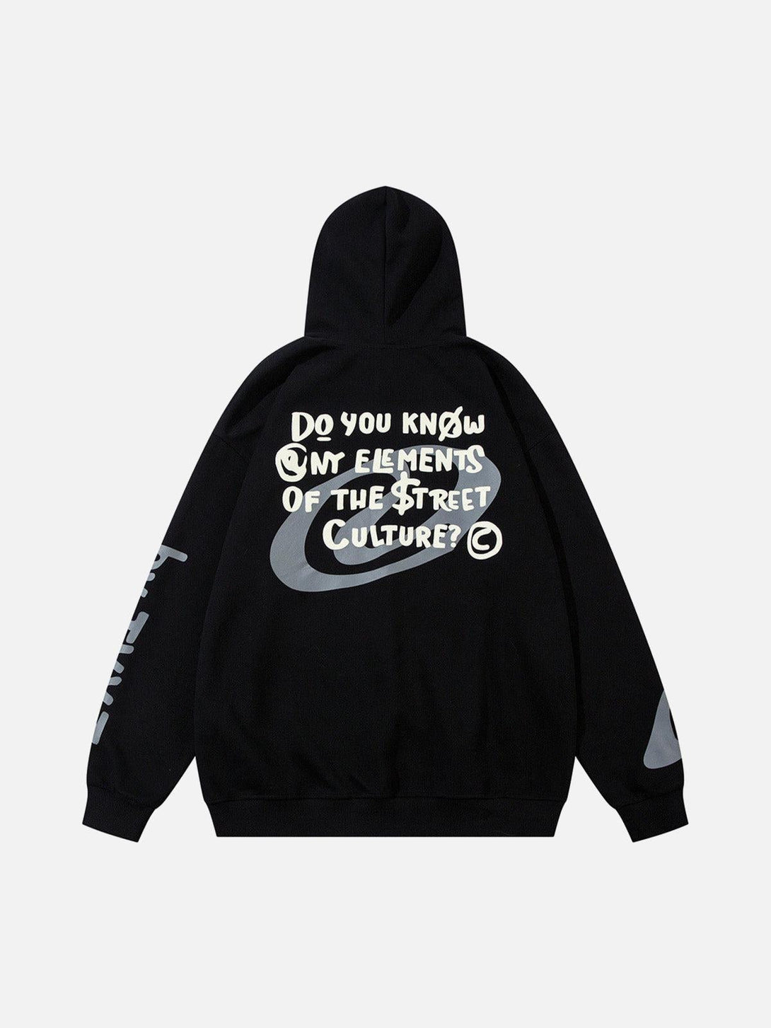 Back view of a black pullover hoodie with bold street culture text design by TALISHKO.