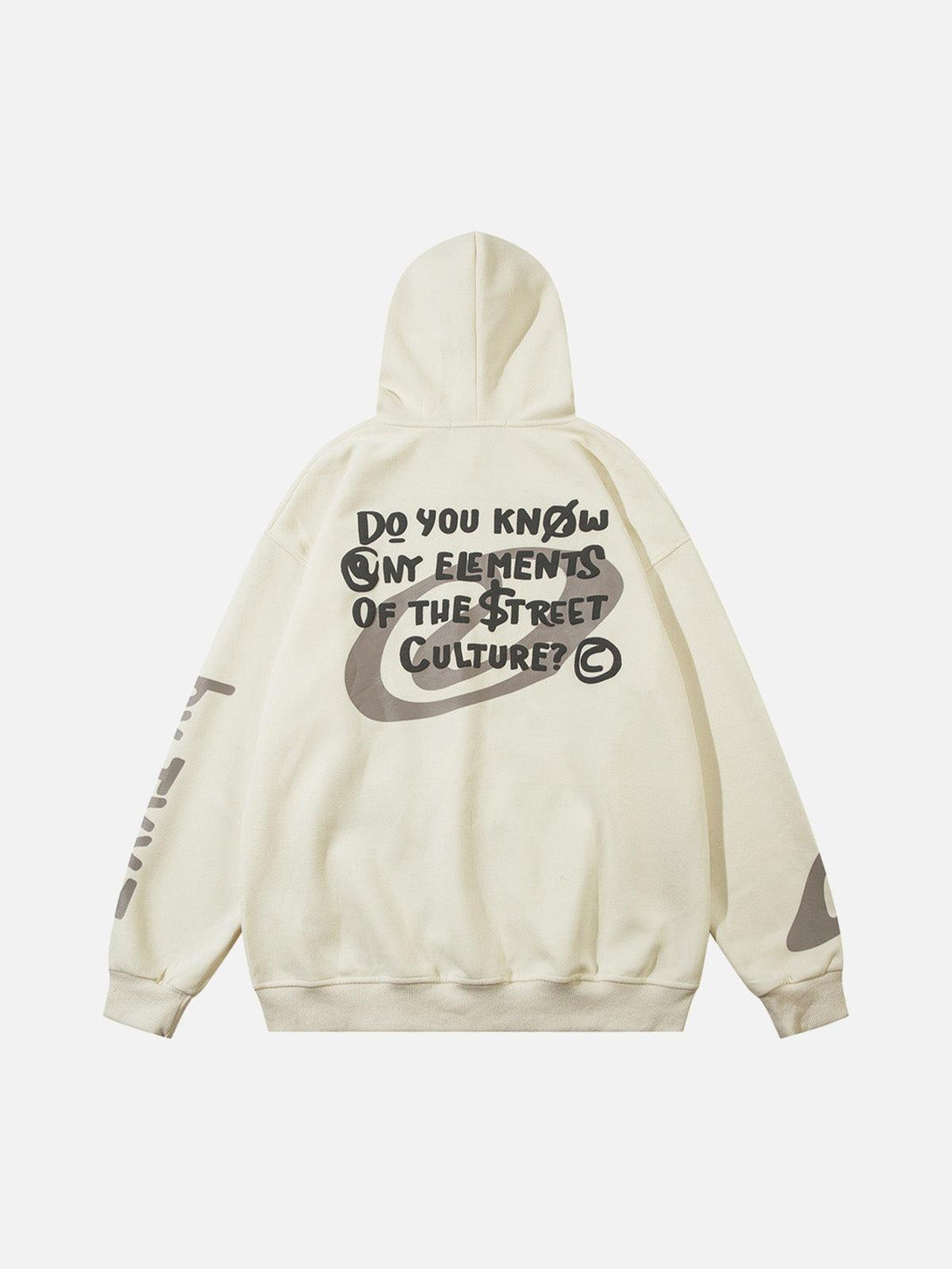 Back view of a beige hoodie featuring bold street culture text design by TALISHKO.
