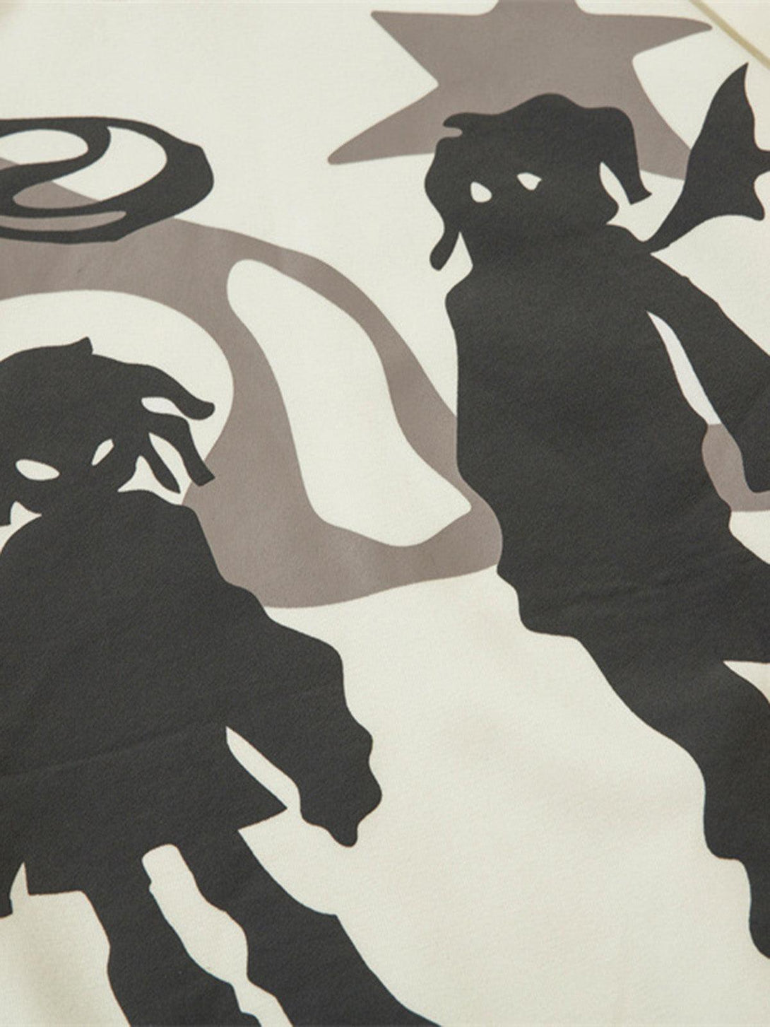 Intricate look at TALISHKO's pullover hoodie showcasing abstract angel silhouettes in dark tones.