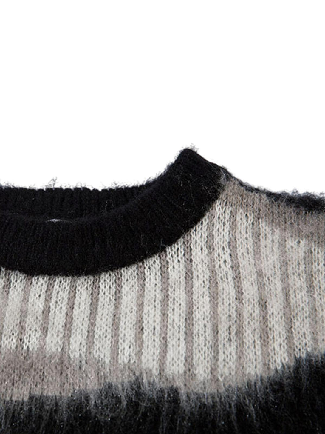 Intricate look at the mohair texture and abstract design of TALISHKO's crew neck sweater.