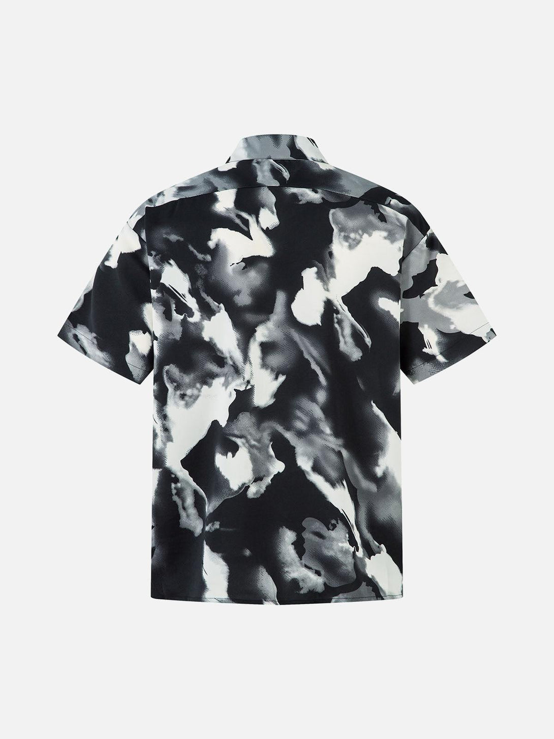 Back view of TALISHKO abstract tie-dye print shirt, showcasing its unique monochrome design.