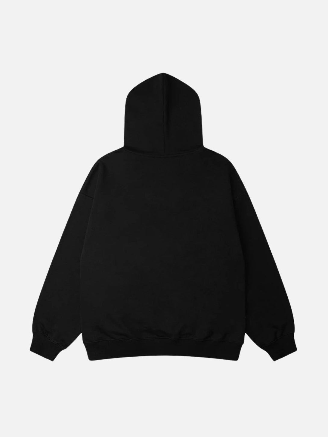 Back view of black TALISHKO hoodie, highlighting minimalist design and casual streetwear vibe.