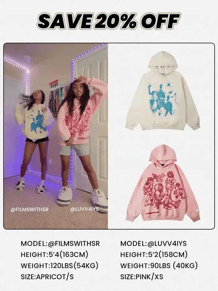 TALISHKO hoodies in apricot and pink with abstract prints, worn by models, perfect for street style.