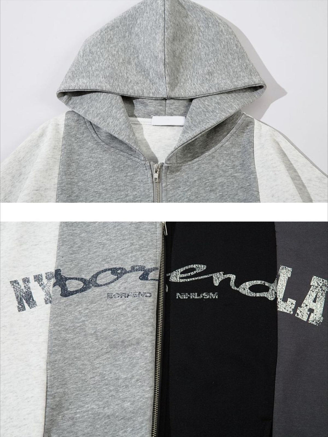 A detailed view of TALISHKO's color-blocking hoodie with zipper and logo accents.