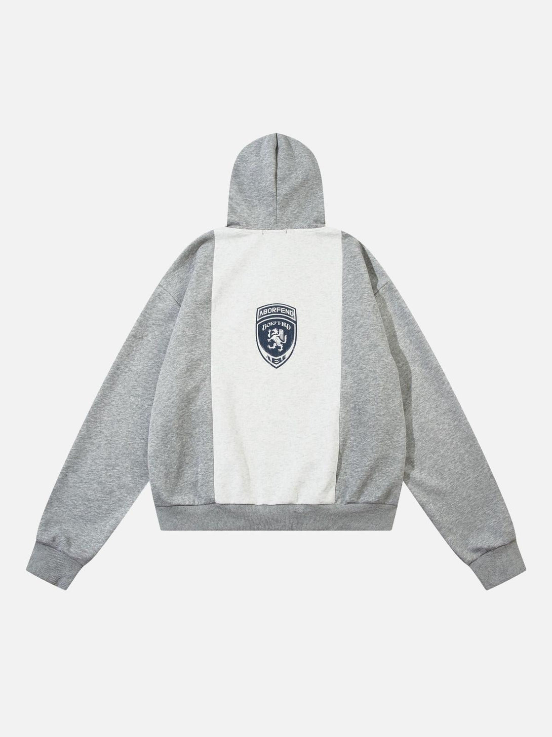 Back view of TALISHKO color-blocking hoodie featuring a logo patch and cozy gray fabric.