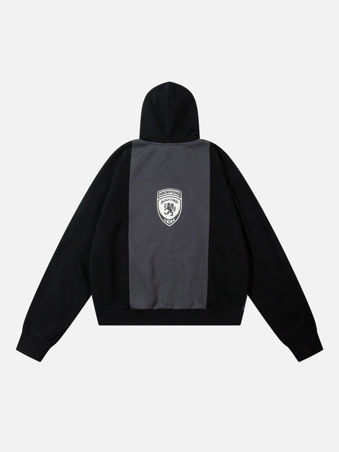 Back view of a TALISHKO hoodie showcasing color-blocking and a prominent logo patch.