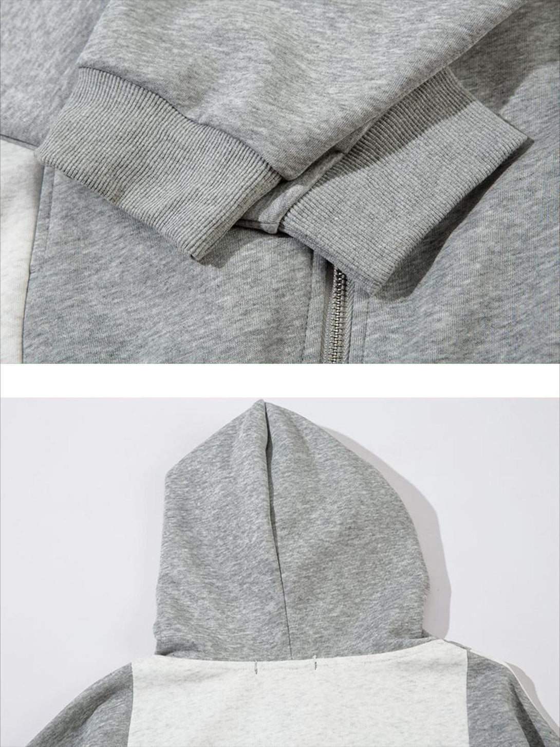 Intricate look at TALISHKO's gray color-blocking hoodie, highlighting sleeve and hood details.