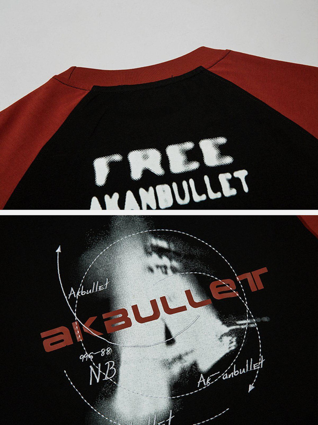 Back view of TALISHKO AKBullet print tee with bold graphic details and contrasting red sleeves.