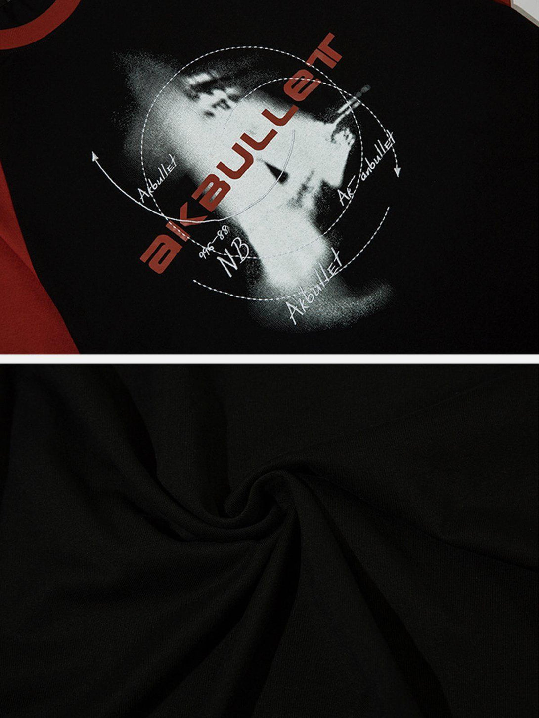 Detailed close-up of TALISHKO AKBullet tee, showcasing bold graphic design and black fabric texture.