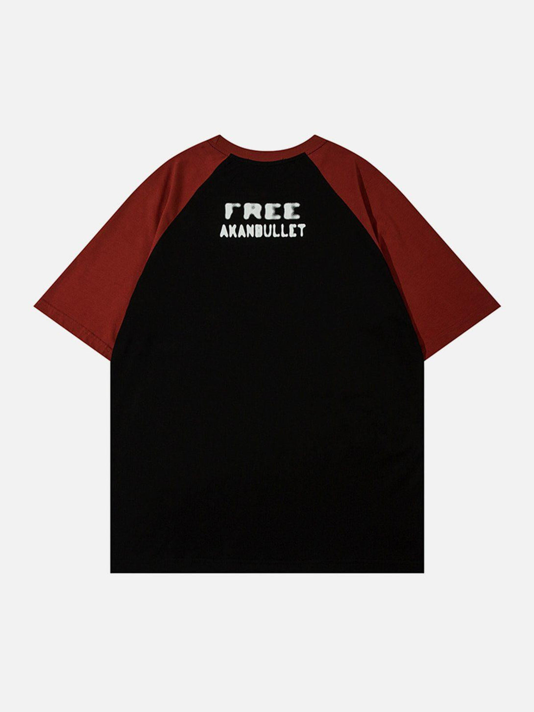 Back view of TALISHKO AKBullet print tee showcasing bold text design and contrasting red sleeves.