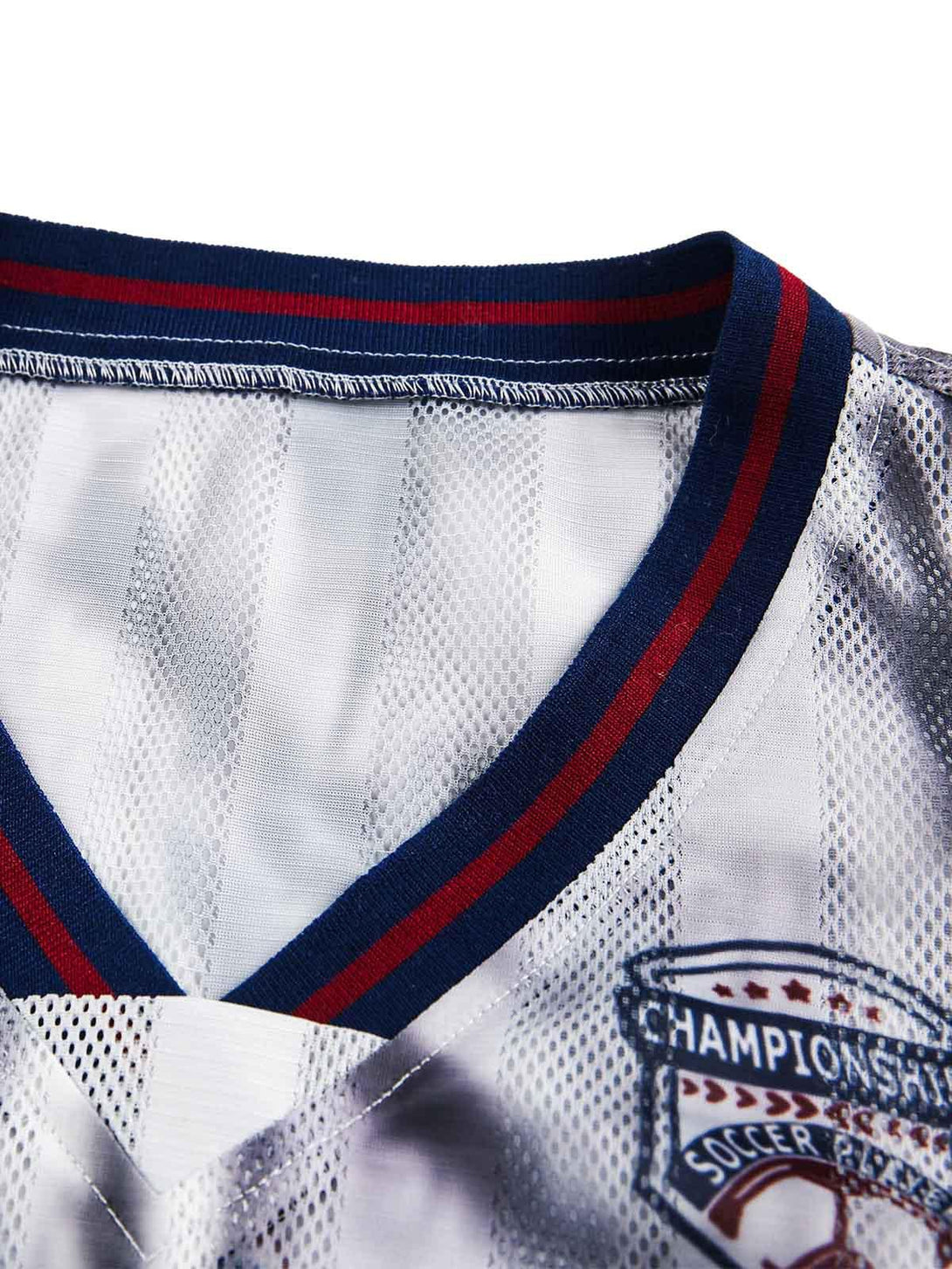 TALISHKO jersey T-shirt close-up, highlighting striped neckline and detailed championship logo.