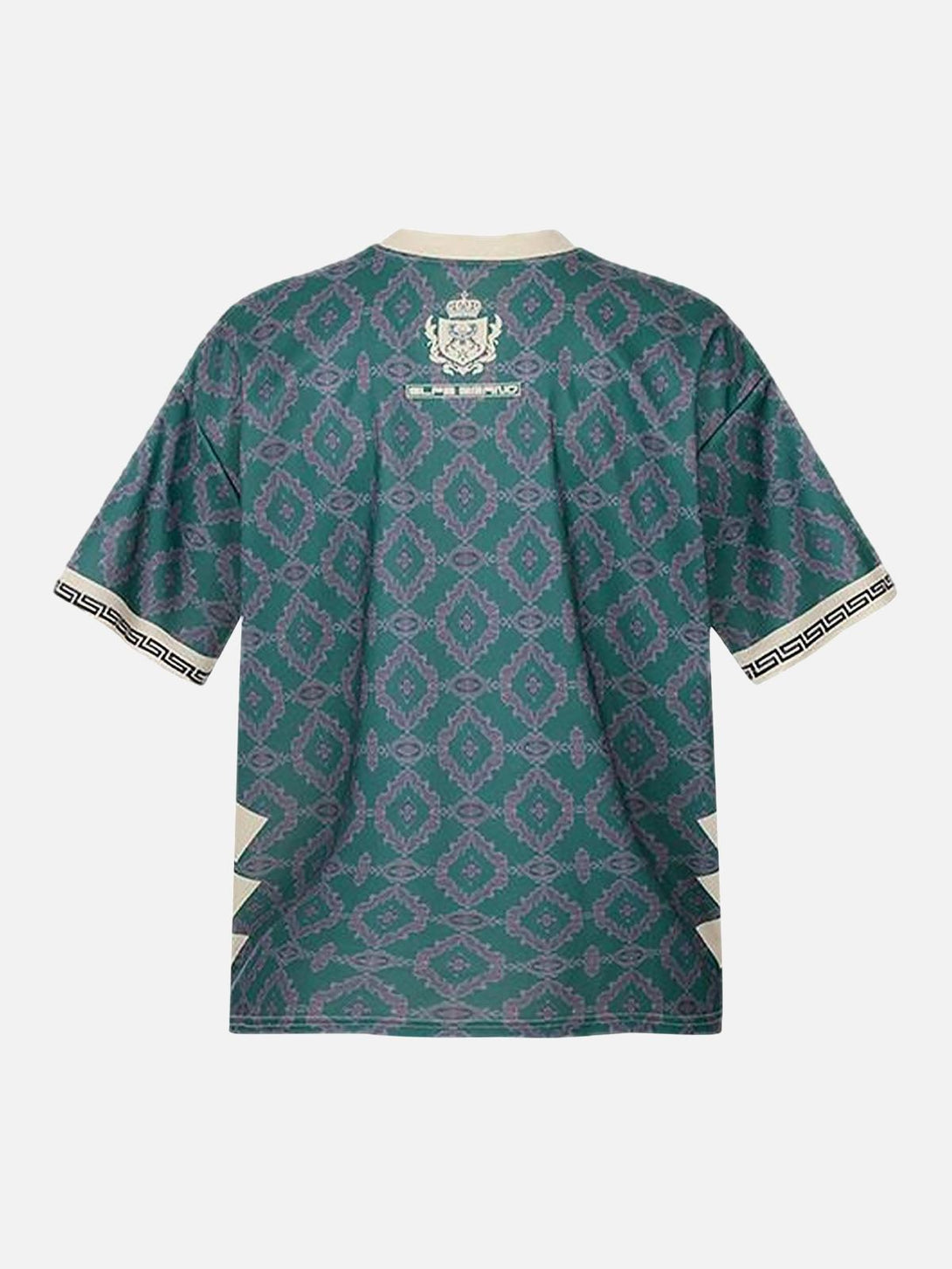 Back view of a green patterned V-neck jersey T-shirt by TALISHKO, featuring intricate designs.