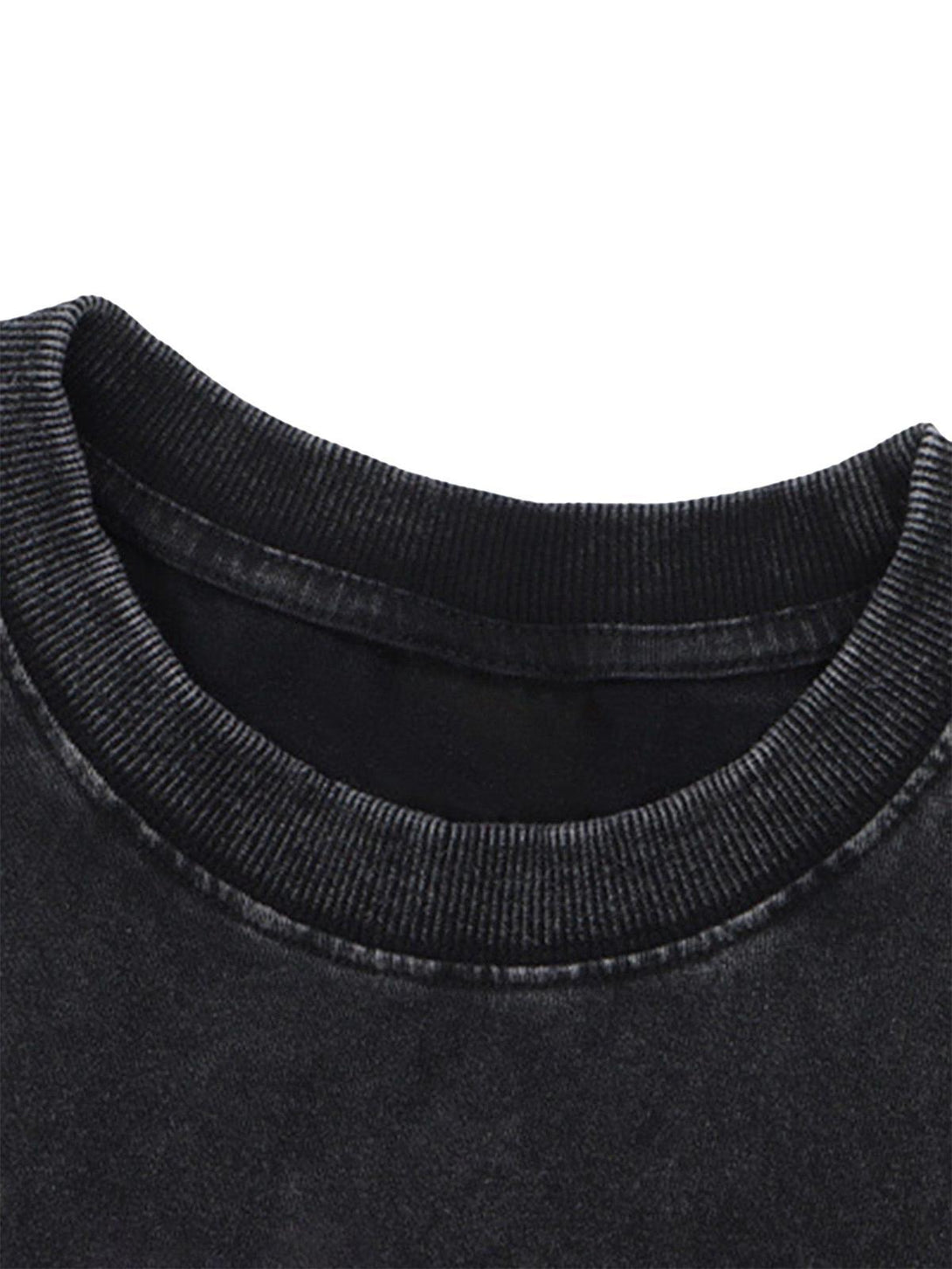 Textured close-up of TALISHKO's abstract print T-shirt collar, highlighting its unique design.