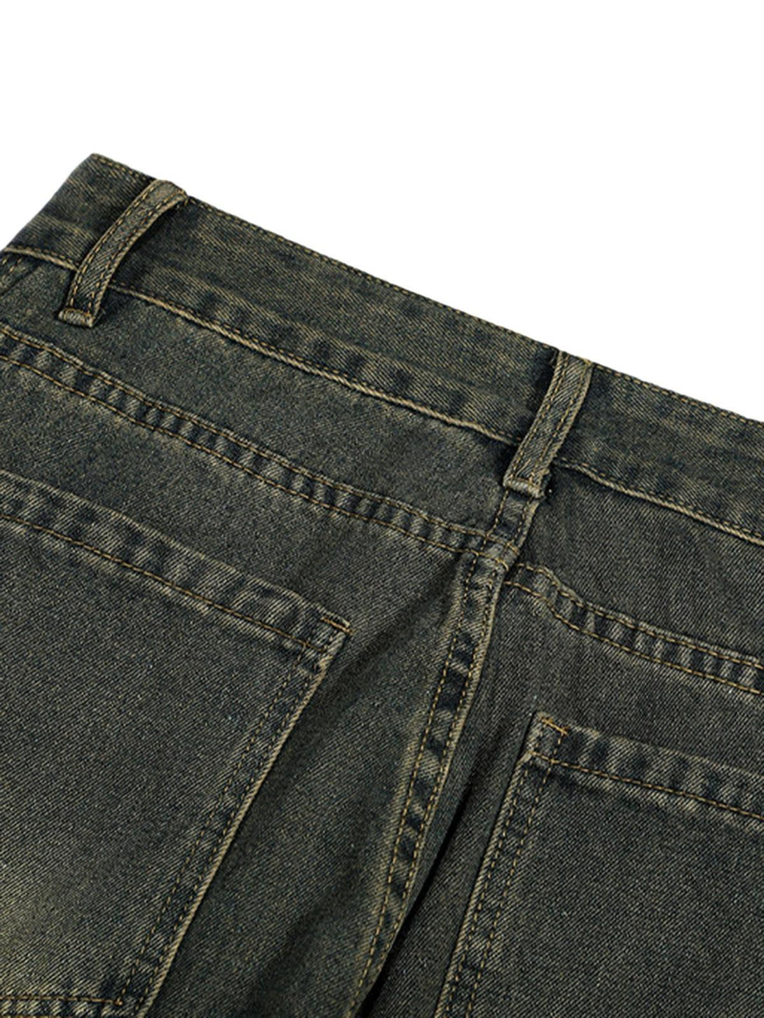 Back view of TALISHKO's distressed retro jeans, showcasing detailed stitching and multi-pocket design.