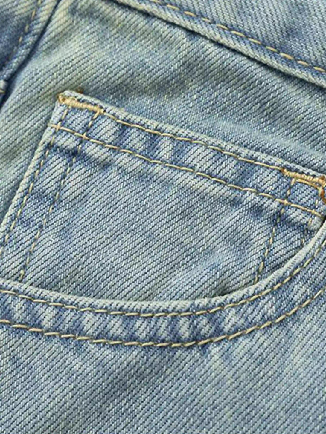 A detailed view of TALISHKO jeans pocket, showcasing vintage denim texture and stitch detail.