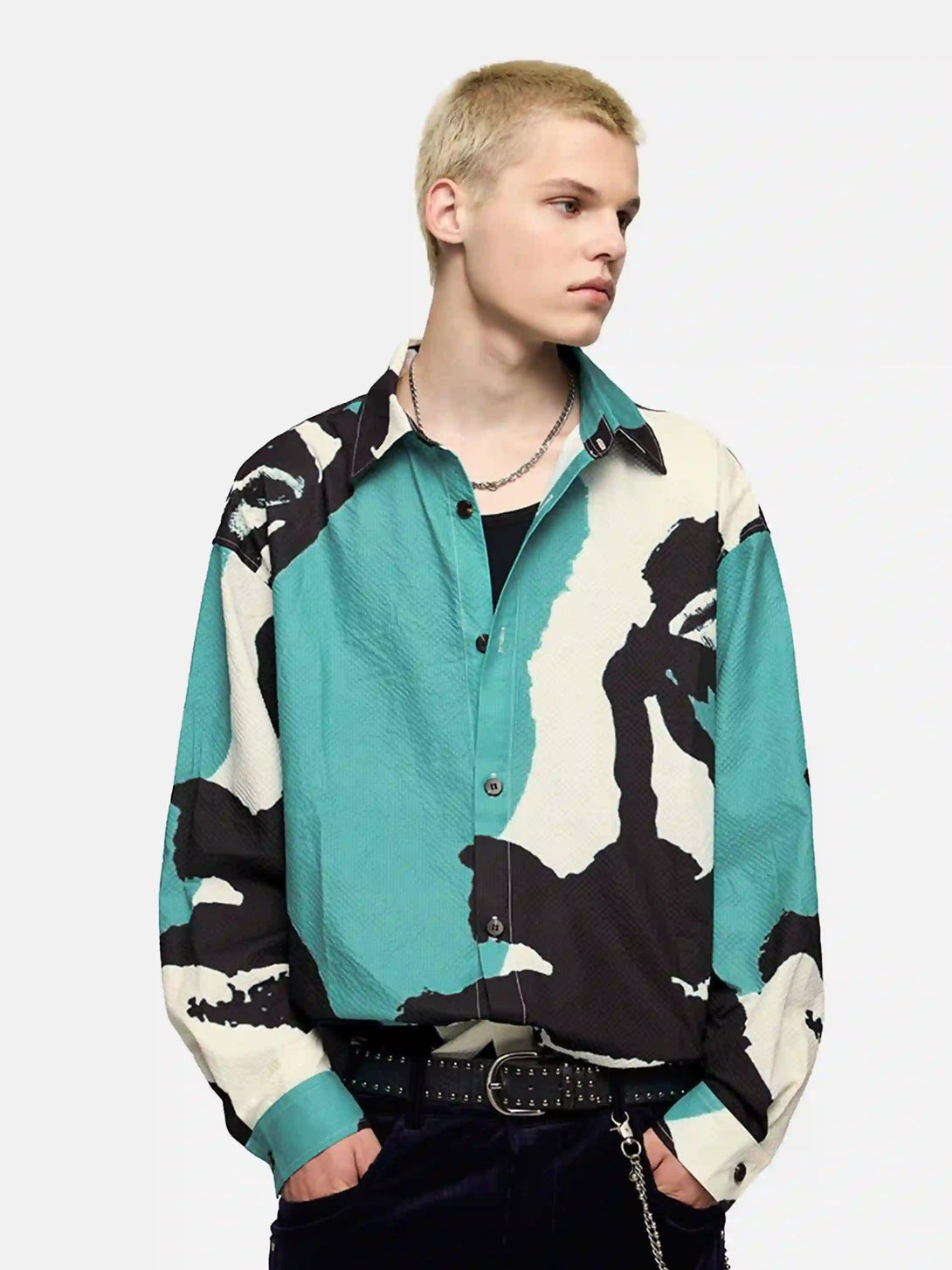 Model wearing a TALISHKO abstract seersucker shirt, showcasing a bold, artistic design.