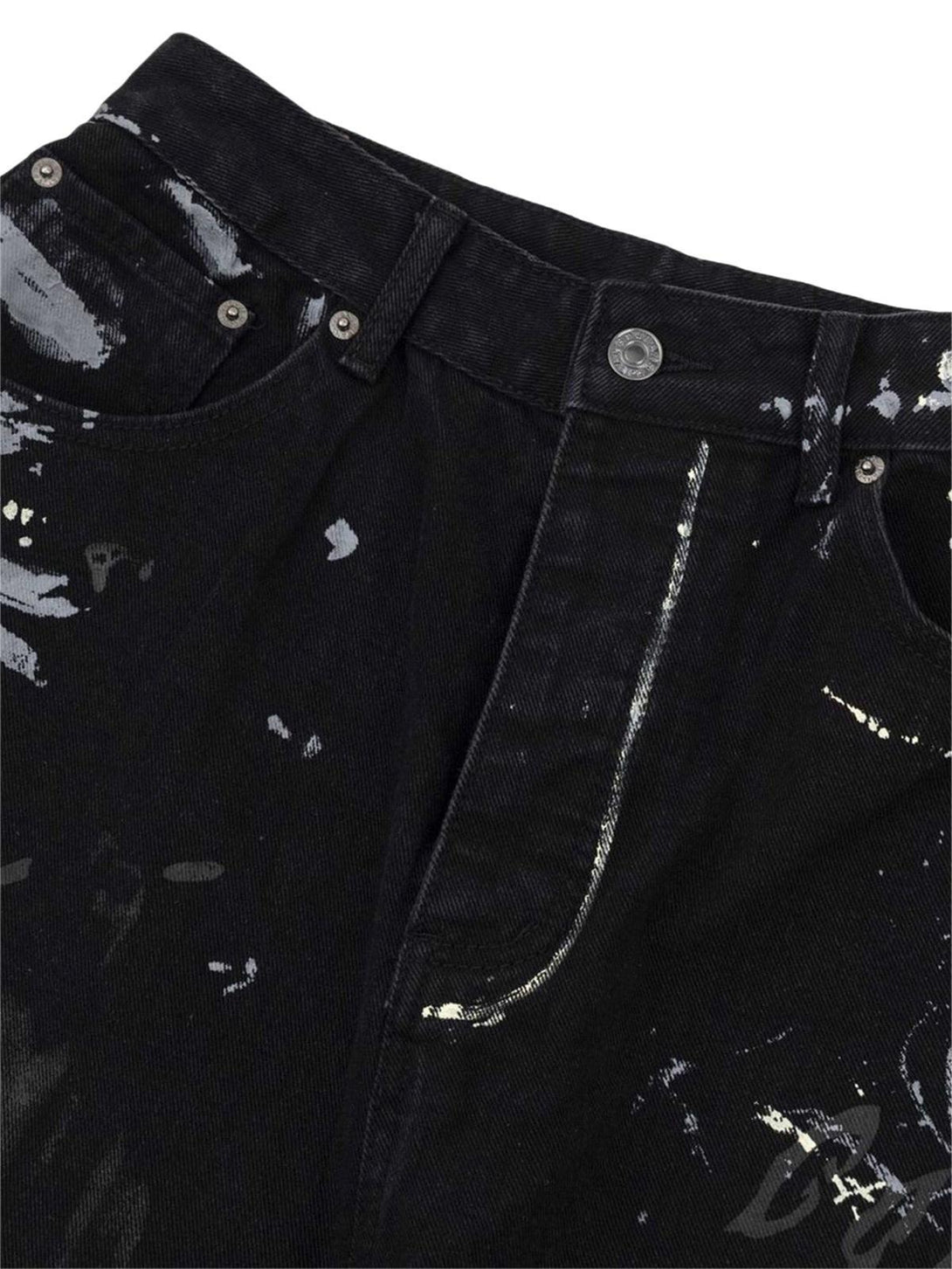 A close-up of TALISHKO jeans, emphasizing graffiti-inspired details and modern streetwear style.
