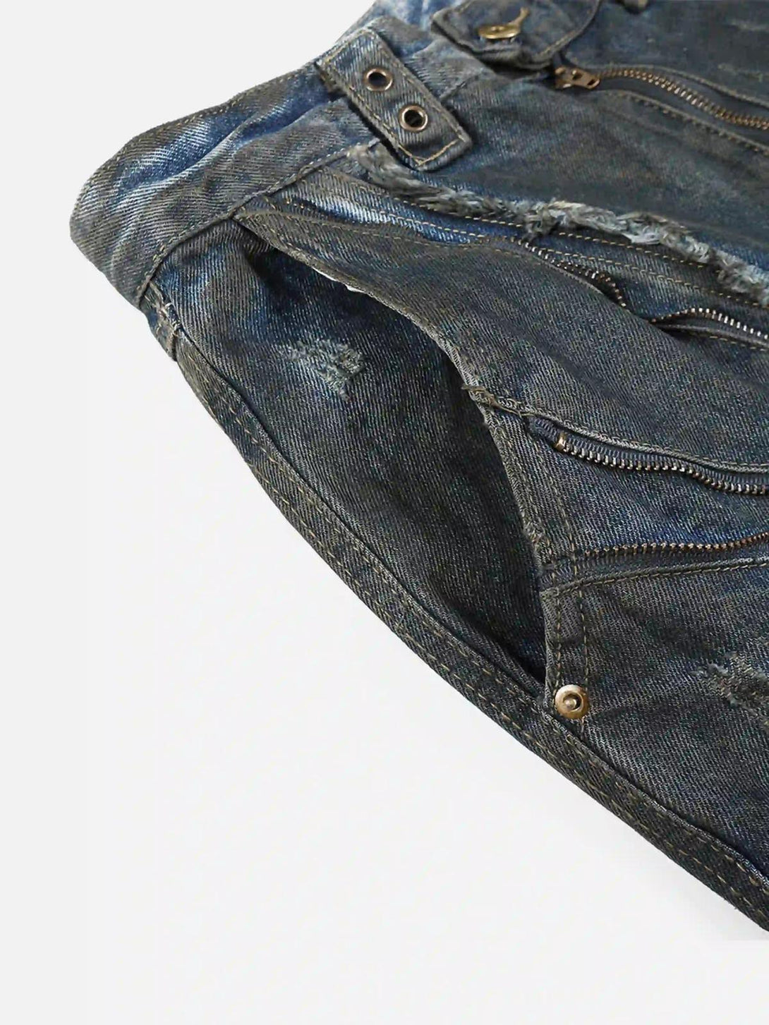 Detailed fabric and stitching of TALISHKO work jeans, highlighting rugged wasteland style.