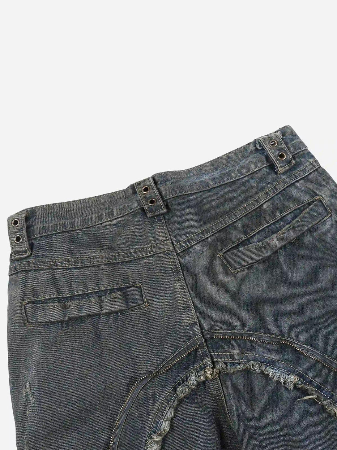 Back view of TALISHKO work jeans featuring distressed details and rugged wasteland style.