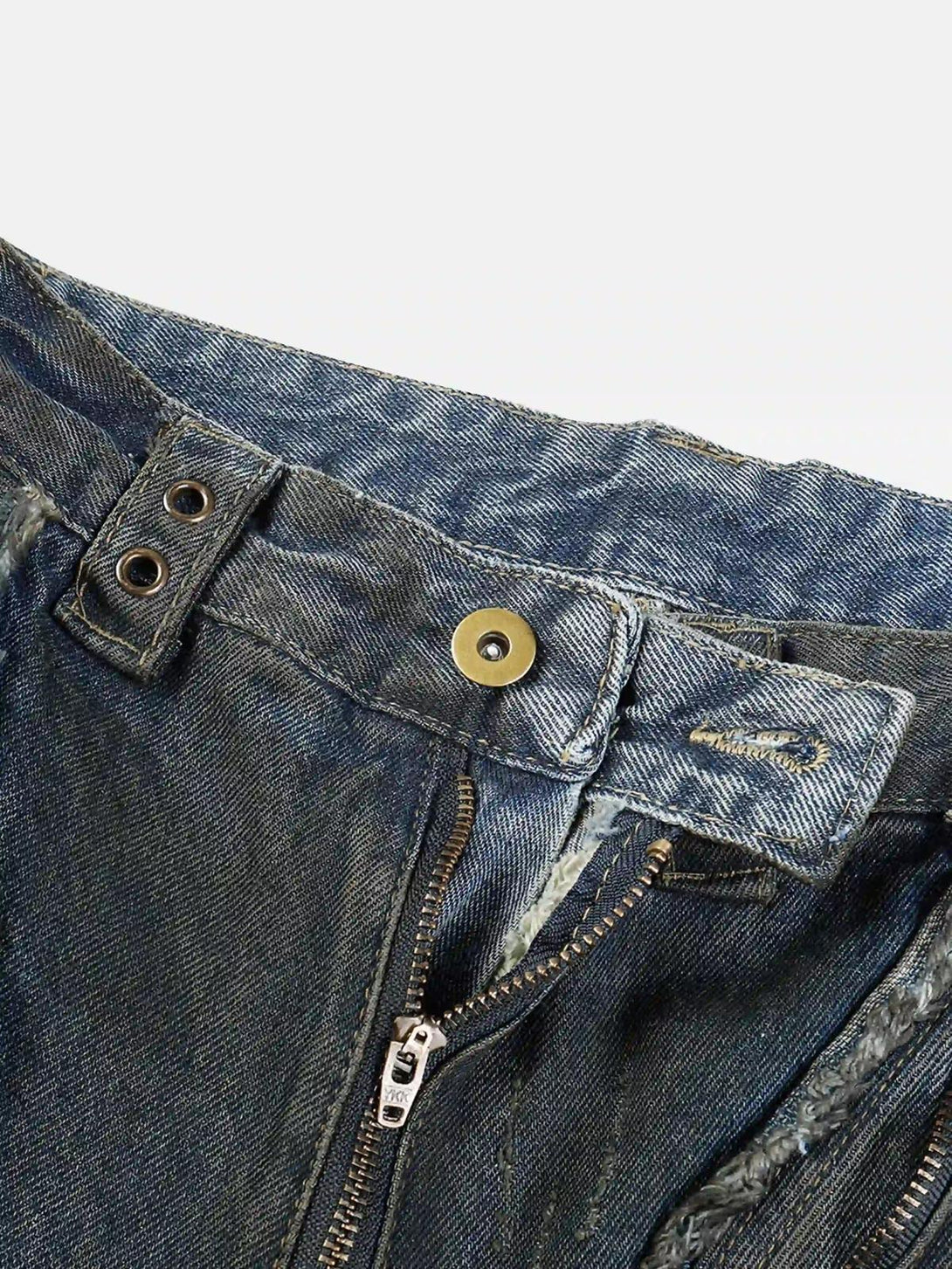 A detailed view of TALISHKO work jeans highlighting sturdy button and zipper design.