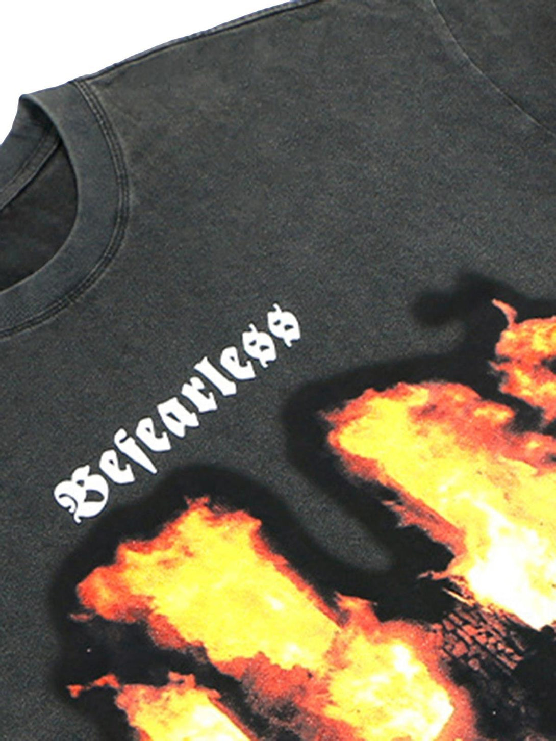 TALISHKO hip hop T-shirt features bold fire graphic and "Be Fearless" text in close-up detail.