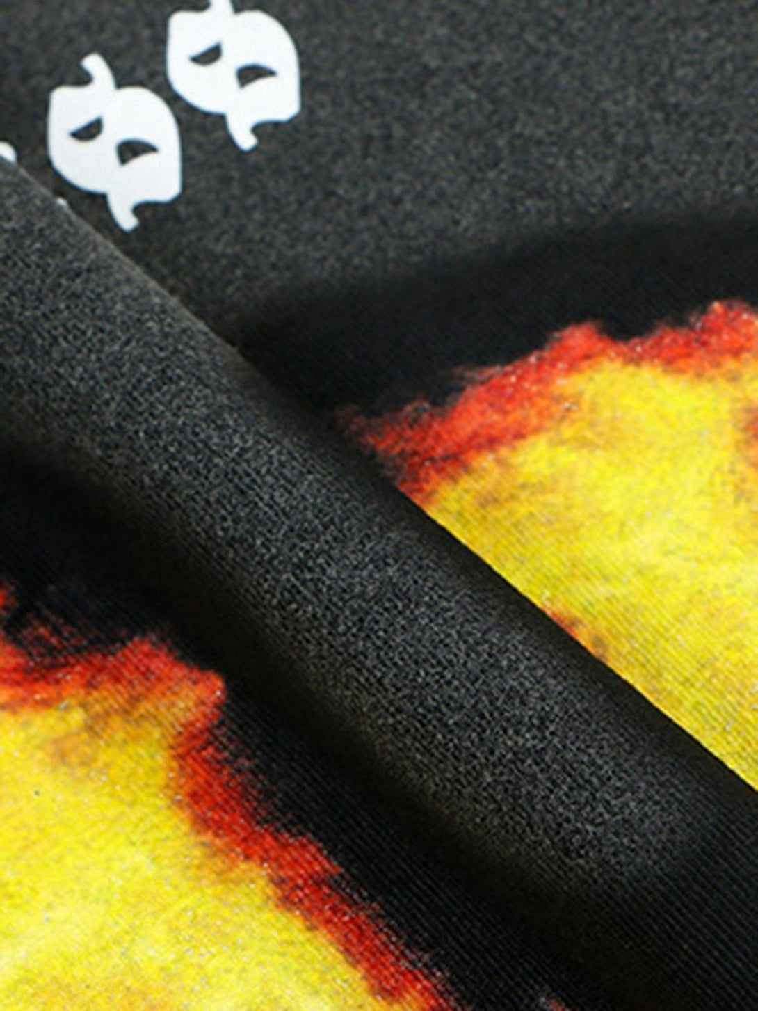 A close-up of TALISHKO hip hop T-shirt with vibrant fire graphic and bold text detail.