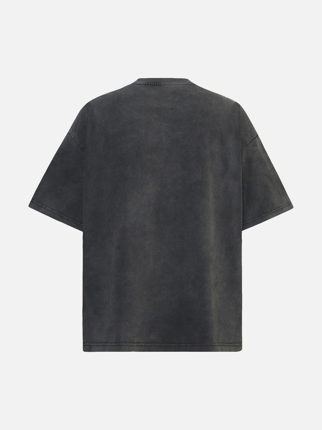 Back view of TALISHKO hip hop T-shirt in a washed black style, showcasing relaxed fit.