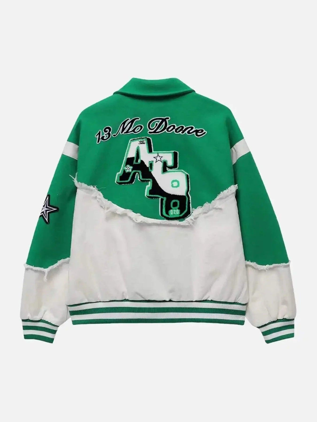 Back view of TALISHKO's green and white baseball jacket with frayed edges and bold lettering.