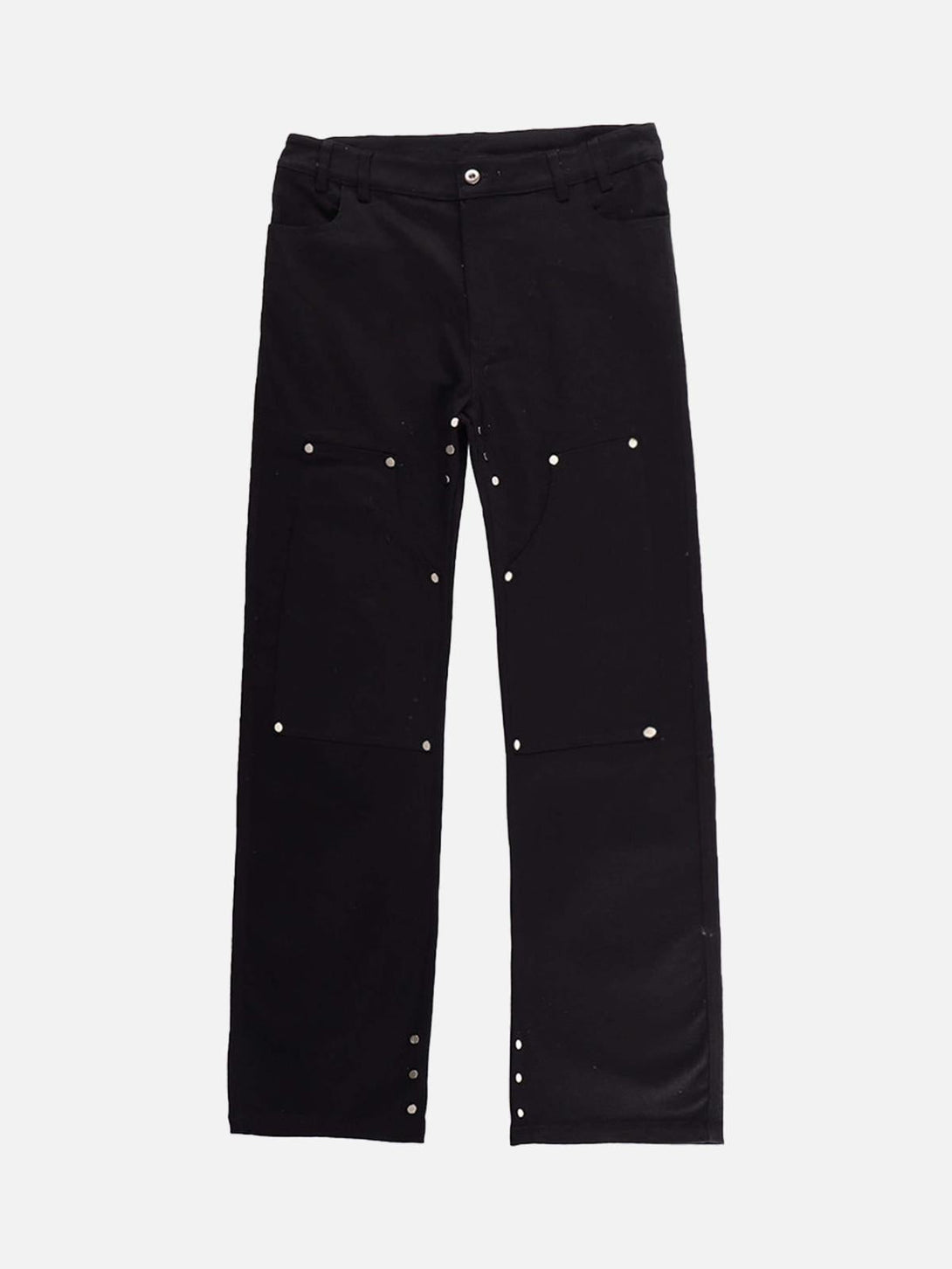 Front view of black jeans with metal accents by TALISHKO, showcasing a modern street style.