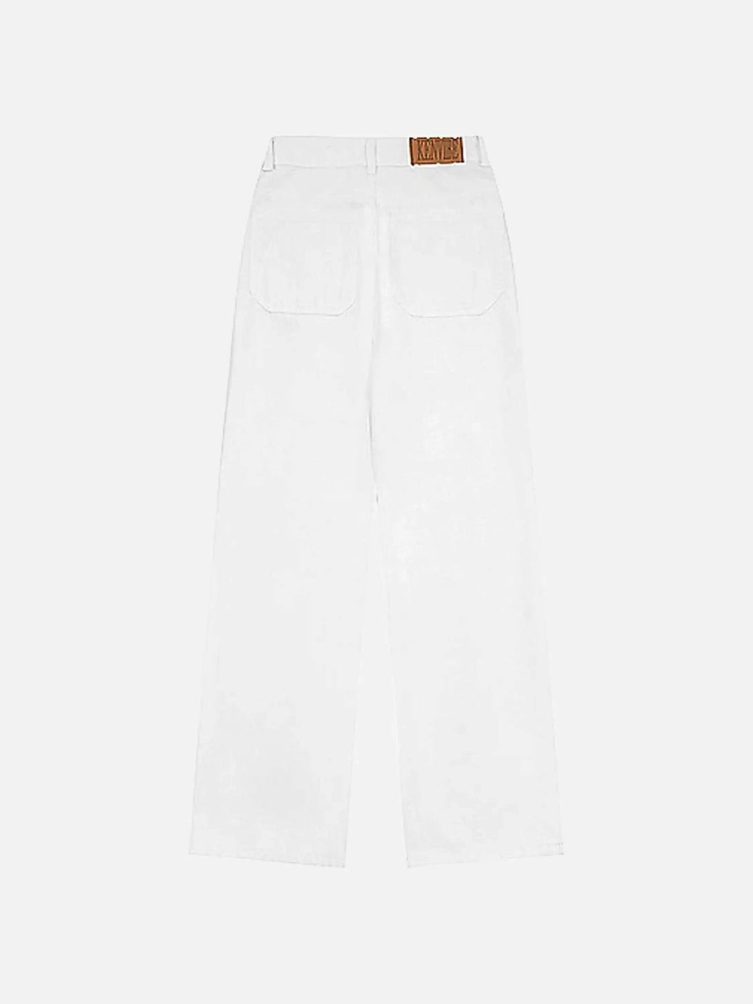 Back view of white jeans by TALISHKO with classic pockets, ideal for a fresh, casual look.
