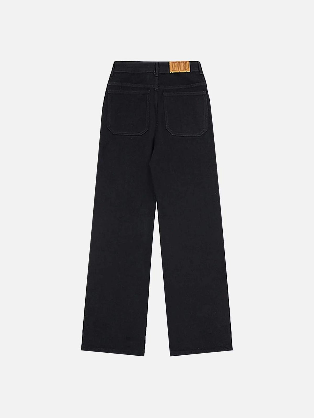 Back view of black jeans by TALISHKO, showcasing classic pockets and relaxed fit style.