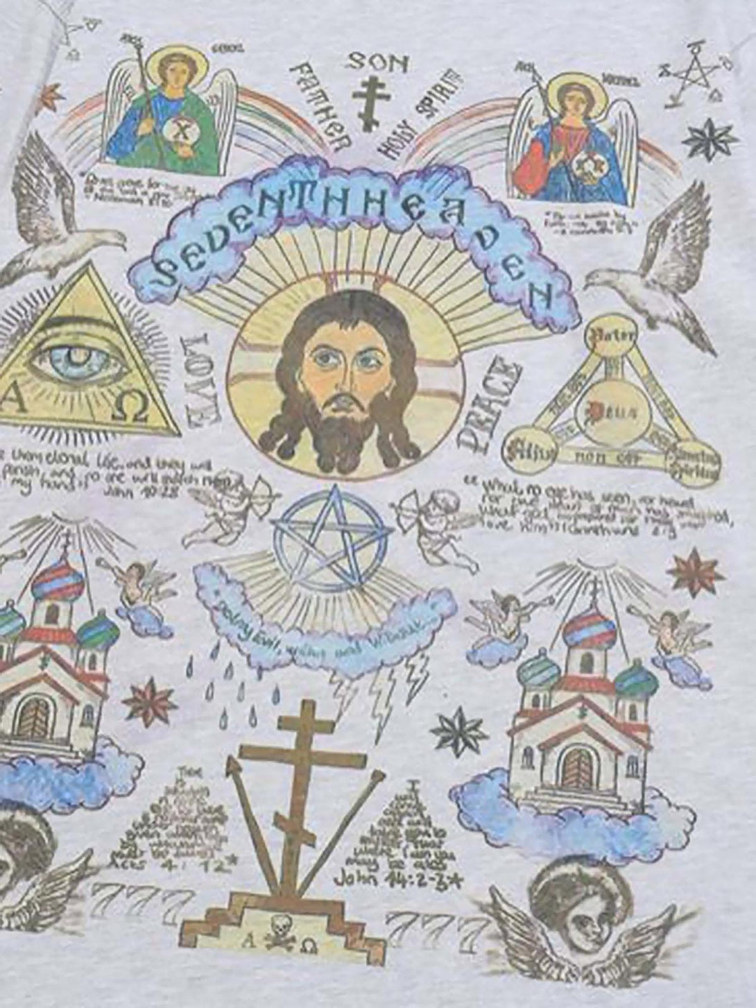 TALISHKO long sleeve T-shirt showcasing detailed religious-themed graffiti on the front.