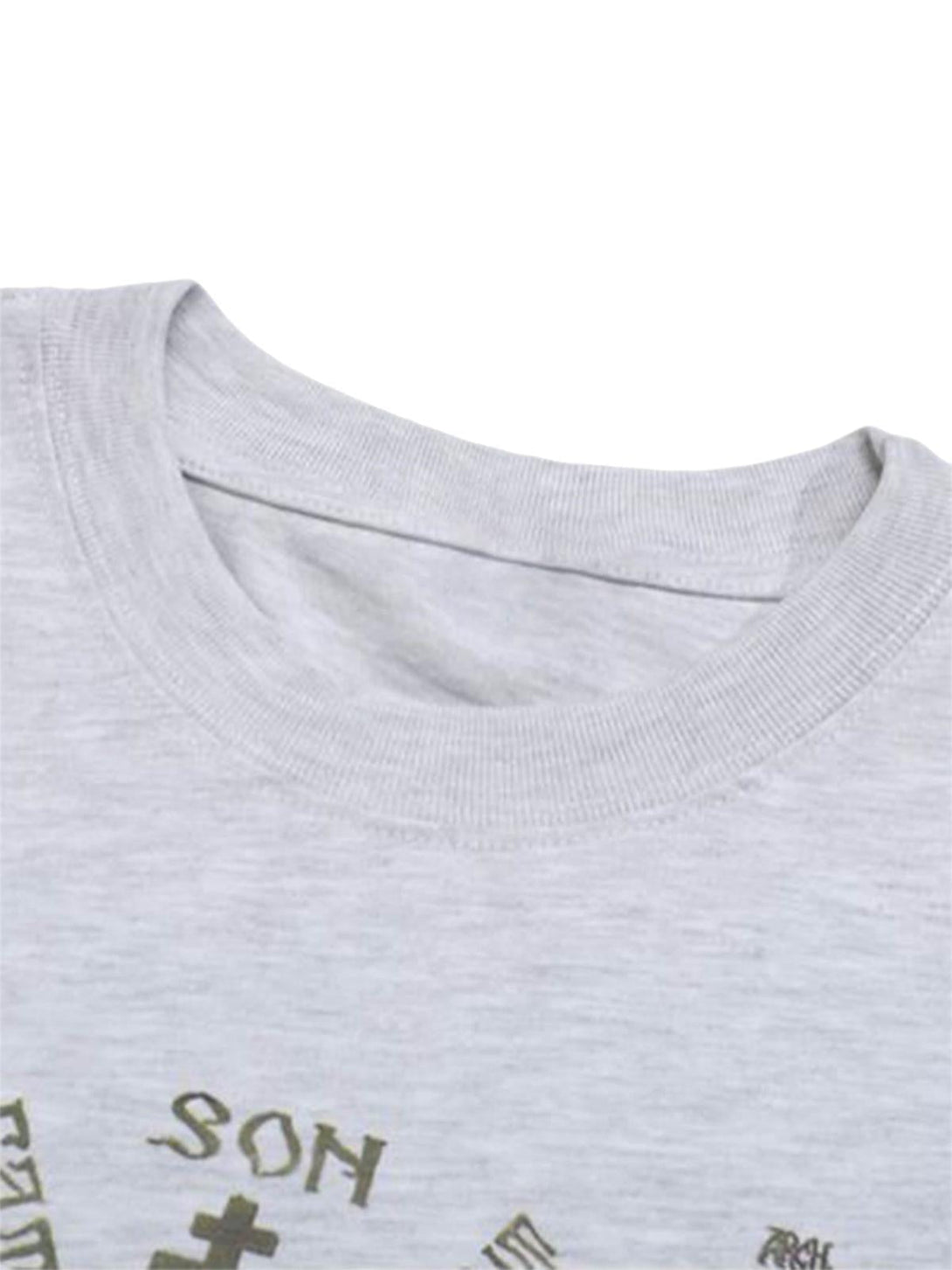 A tight crop highlighting the neckline and subtle graffiti design on a TALISHKO T-shirt.