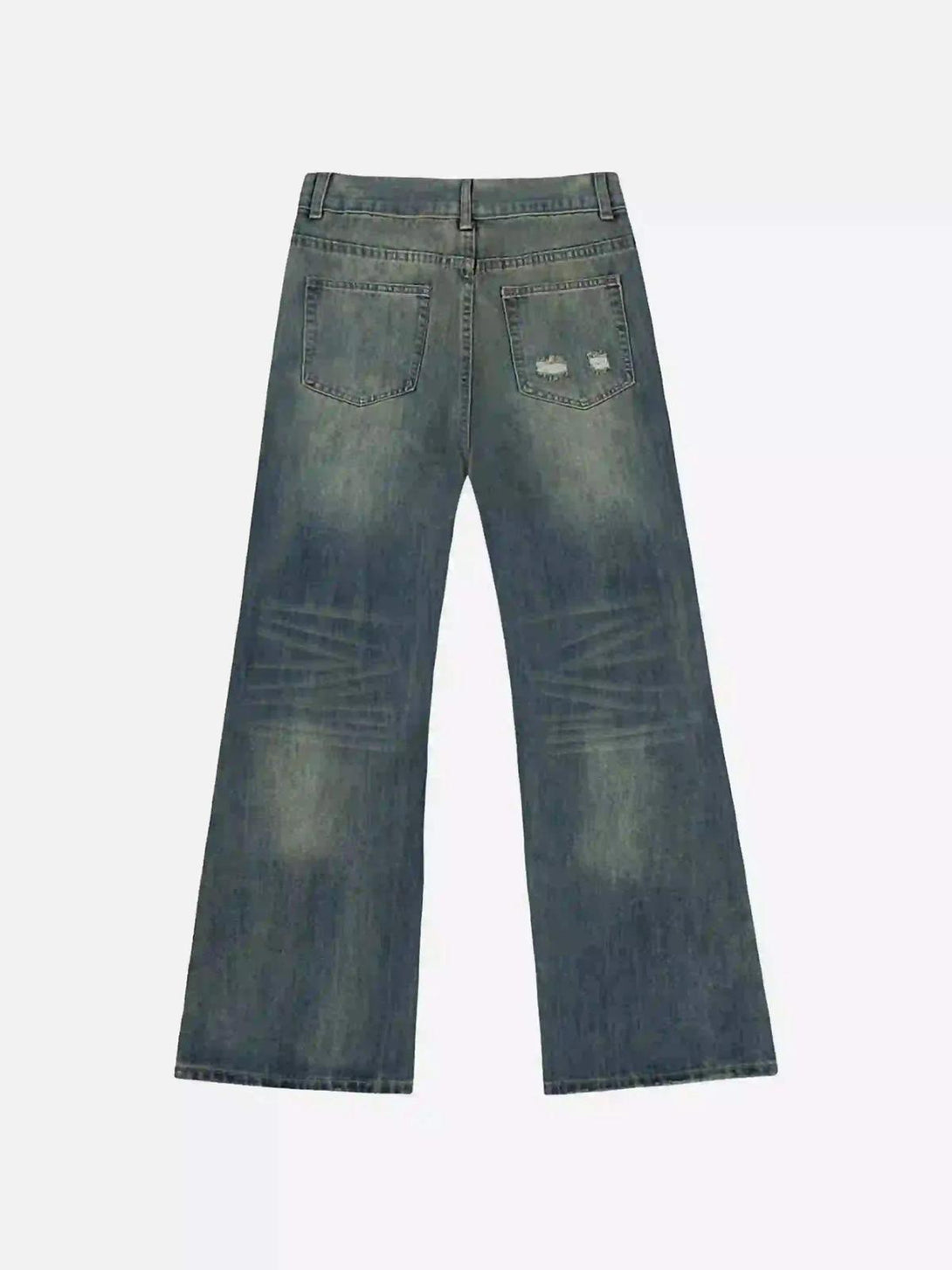 Back view of graffiti washed jeans by TALISHKO, showcasing distressed pocket detail.