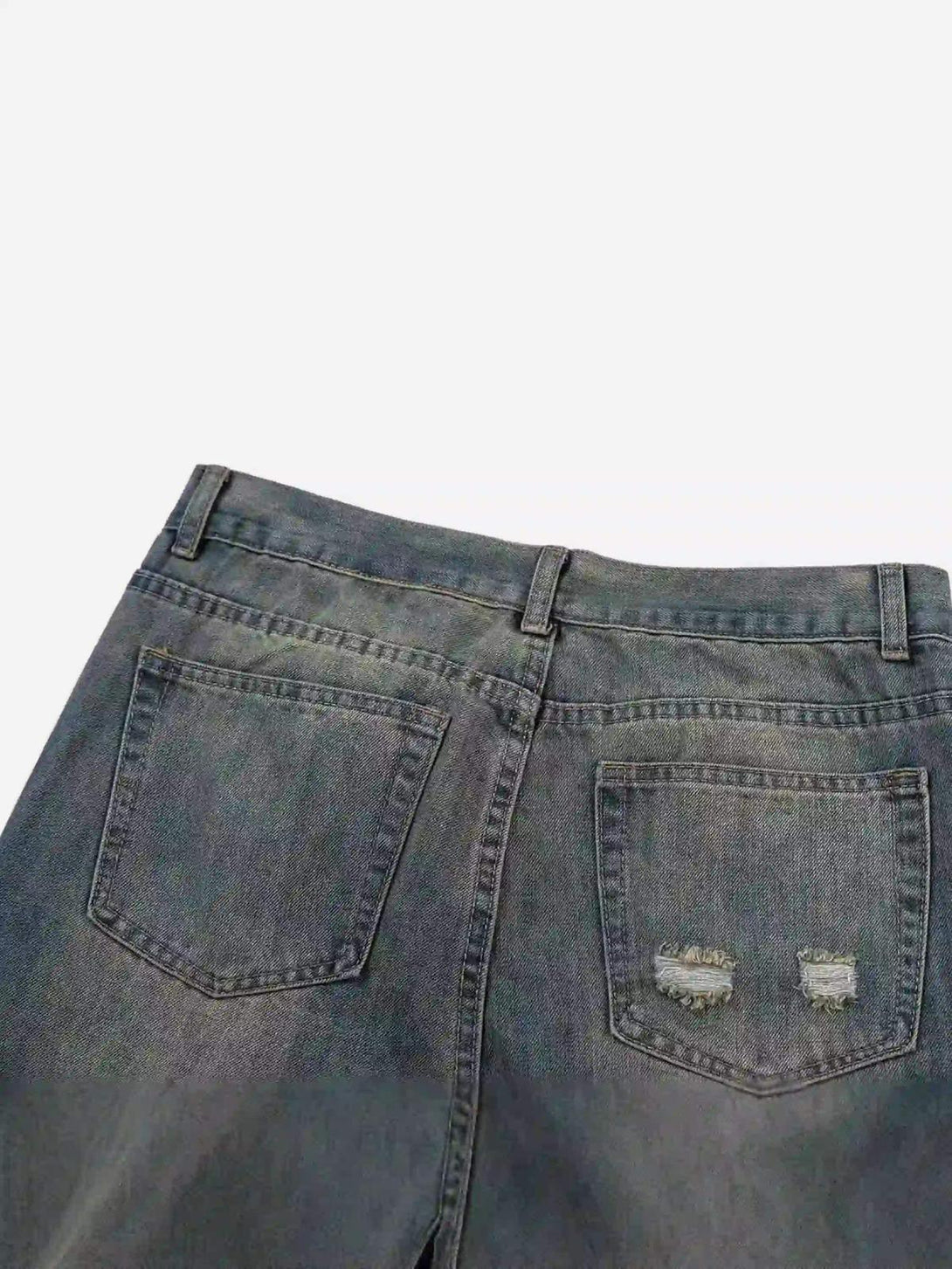 Back view of TALISHKO jeans, featuring distressed pockets for a trendy streetwear vibe.