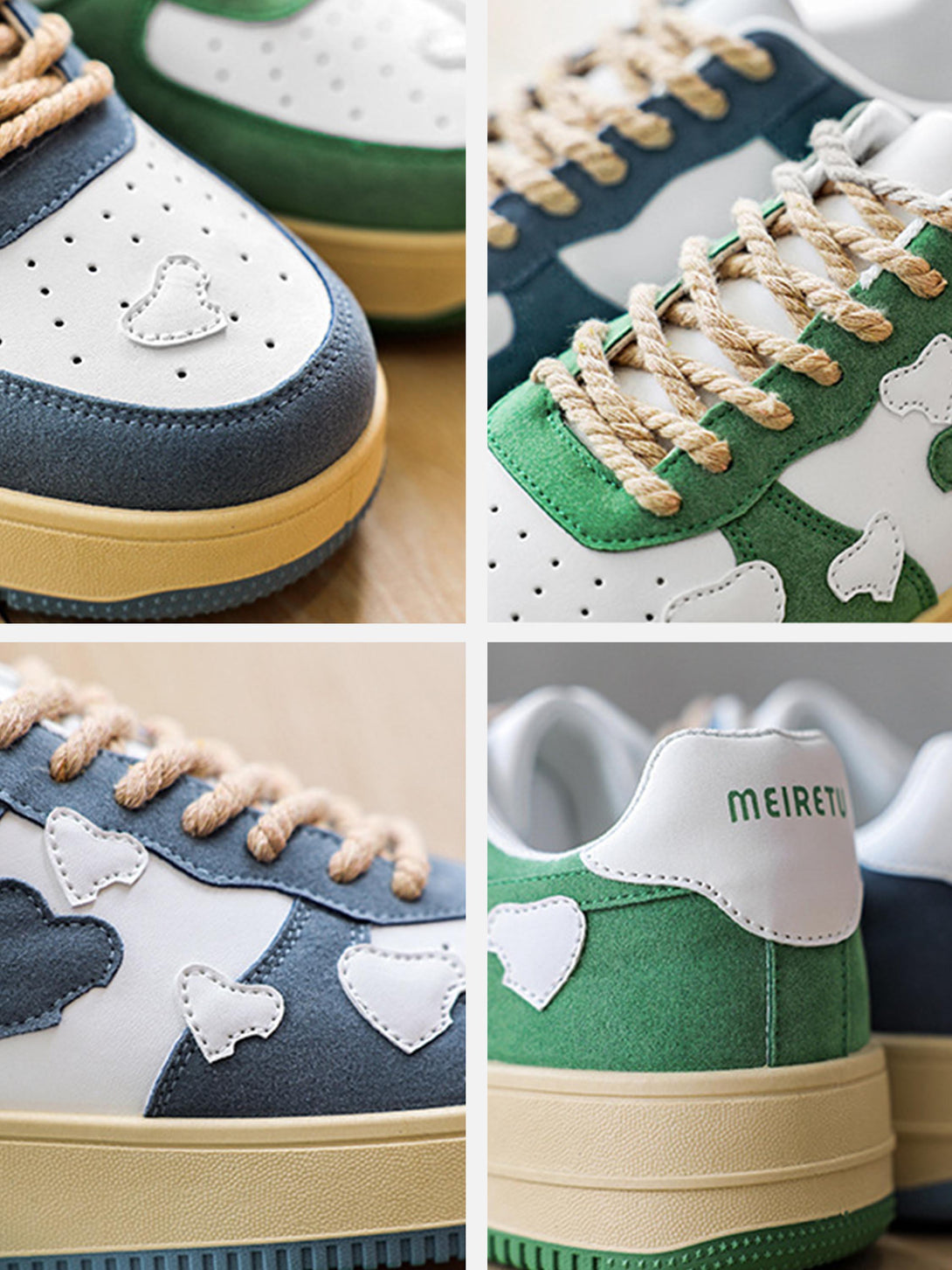 TALISHKO sneakers featuring green and white cloud designs, with a close-up of the unique rope laces.